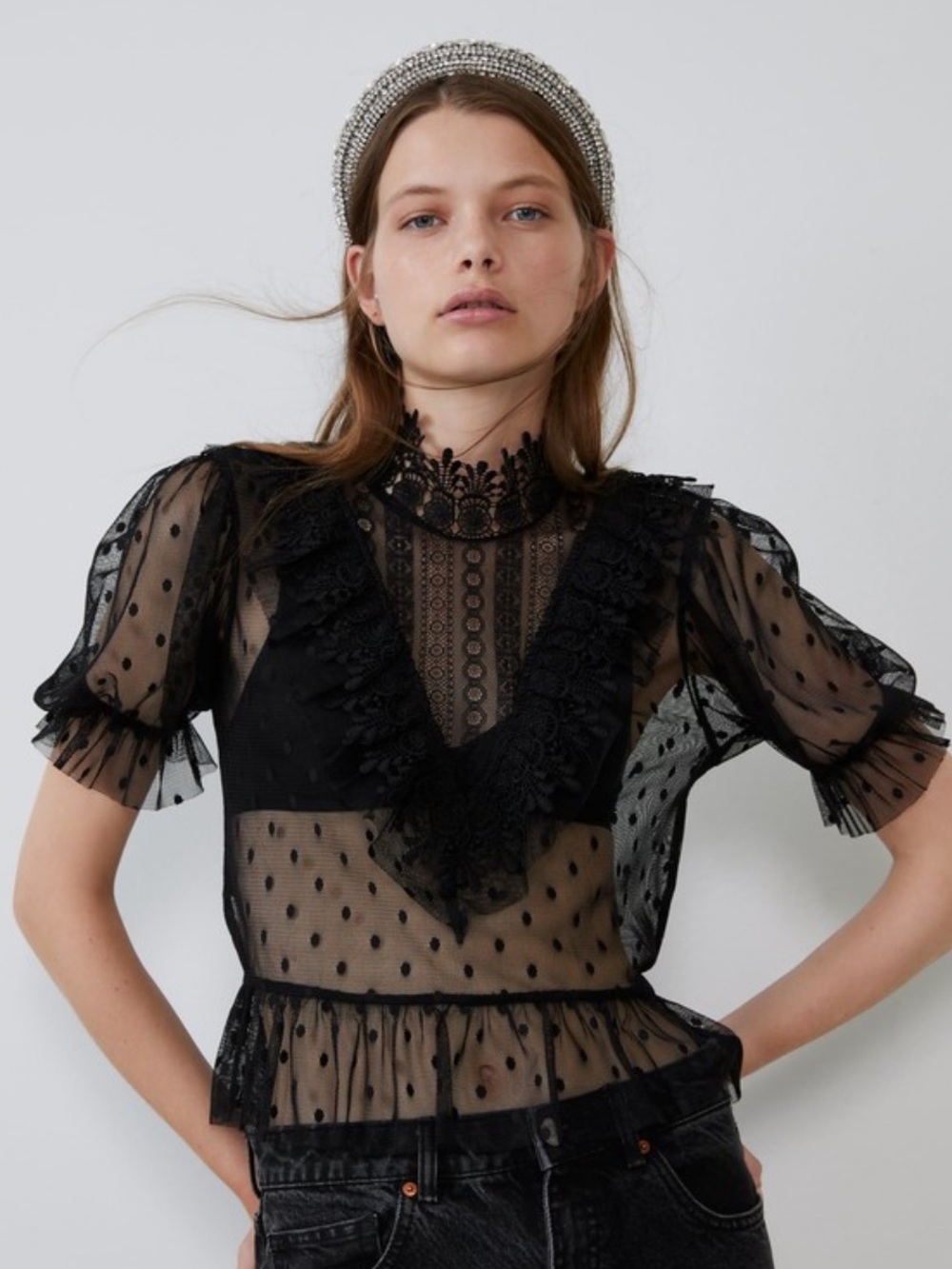 Zara Black Sheer Polka-Dot Lace Ruffle Blouse